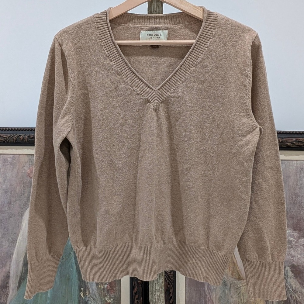 Khaki Minimalist Preppy Basic V Neck Long Sleeve Sweater Ribbed Waist Large - Picture 4 of 10